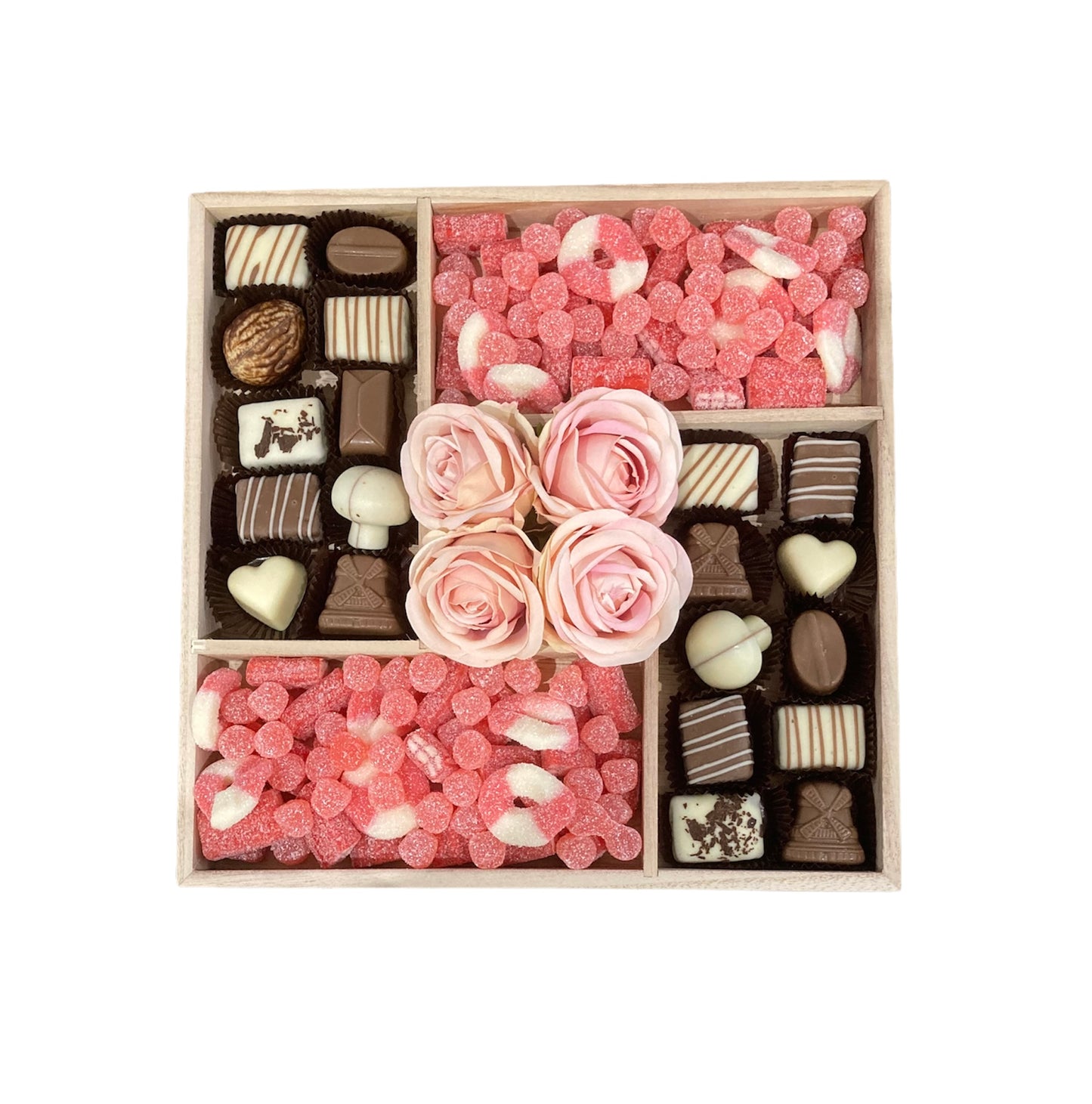 Personalised tray containing pick 'n' mix and chocolate goodies.