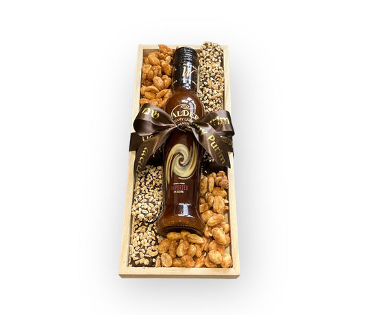 Medium Wooden Tray with Liquor, Chocolates and Caramelised Nuts