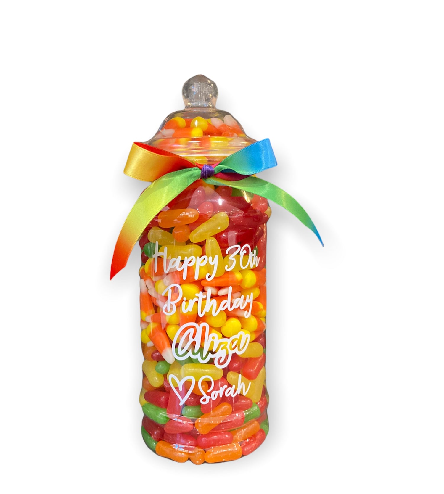 Personalised presentation jar containing pick 'n' mix and chocolate goodies.