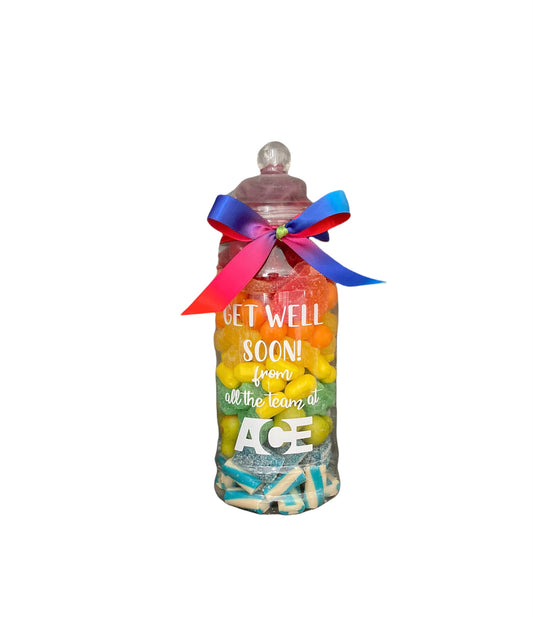 Personalised presentation jar containing pick 'n' mix and chocolate goodies.