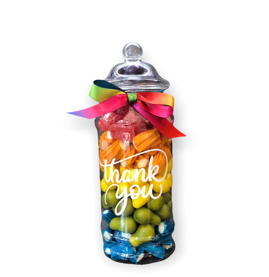 Personalised presentation jar containing pick 'n' mix and chocolate goodies.