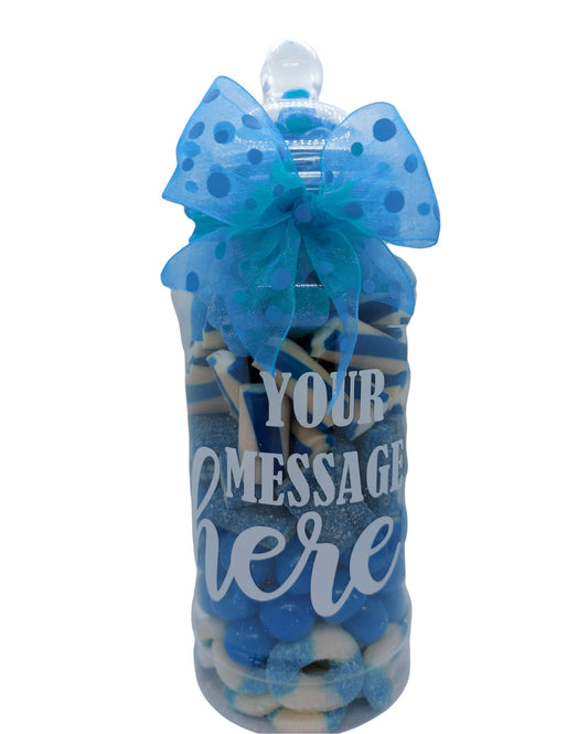 Personalised presentation jar containing pick 'n' mix and chocolate goodies.