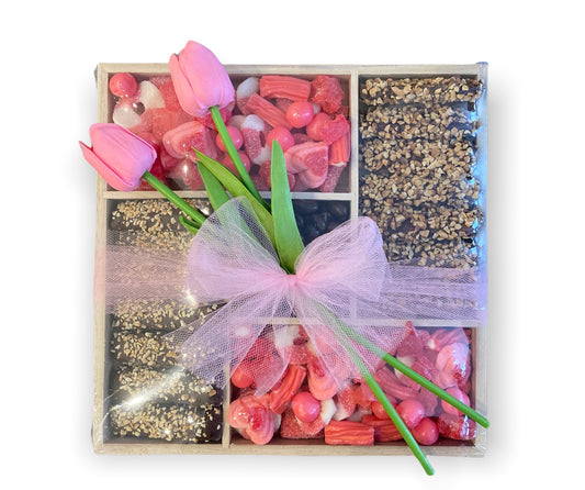 Personalised presentation tray containing pick 'n' mix and chocolate goodies.