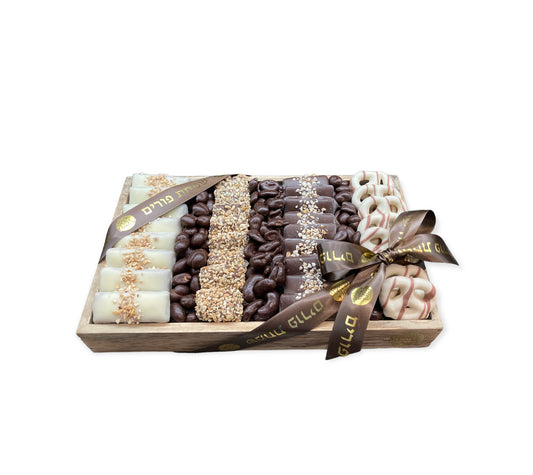 Personalised tray containing pick 'n' mix and chocolate goodies.