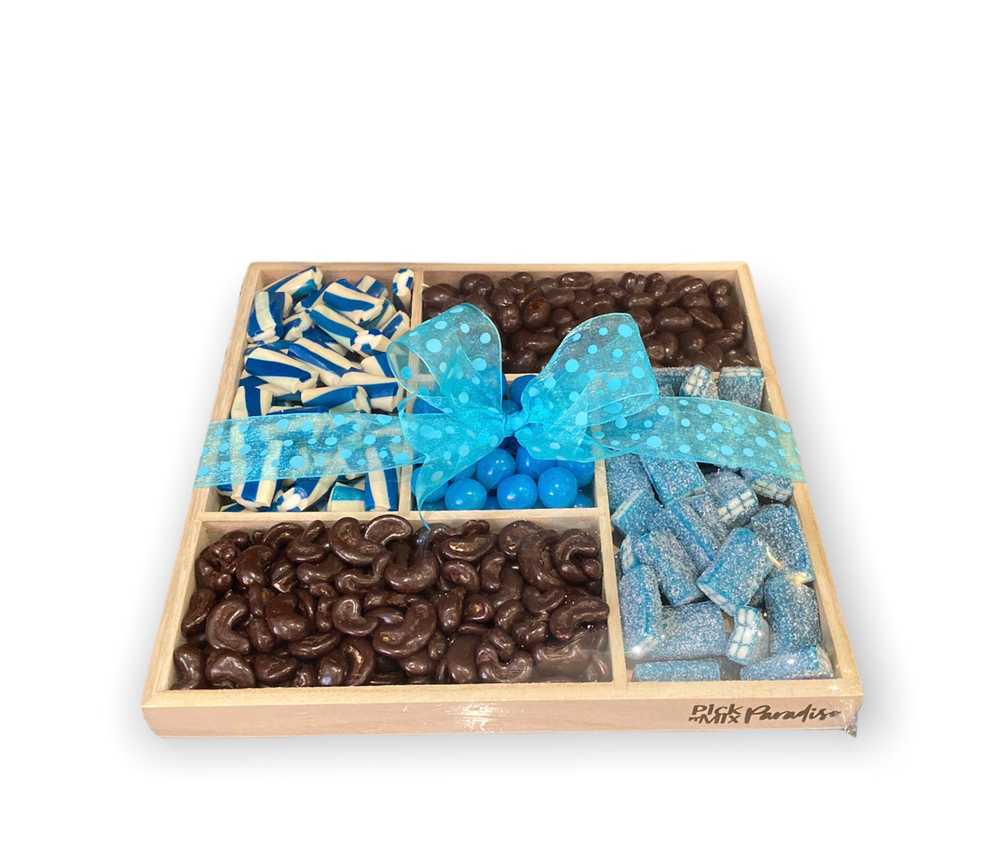 Personalised presentation tray containing pick 'n' mix and chocolate goodies.