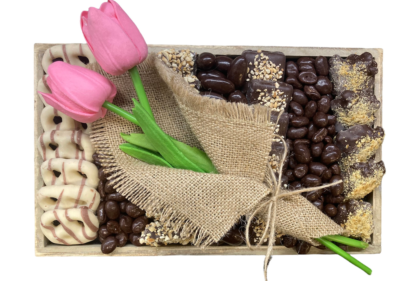 Personalised tray containing pick 'n' mix and chocolate goodies.