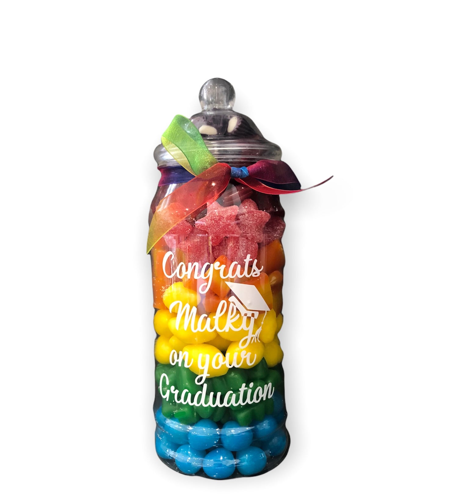 Personalised presentation jar containing pick 'n' mix and chocolate goodies.