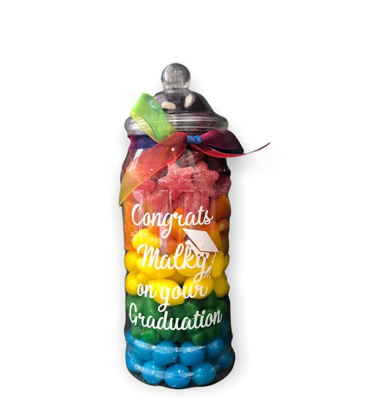 Personalised presentation jar containing pick 'n' mix and chocolate goodies.